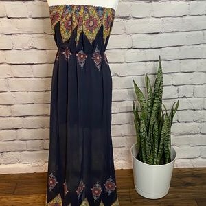Navy Blue  - Strapless Patterned Maxi Dress